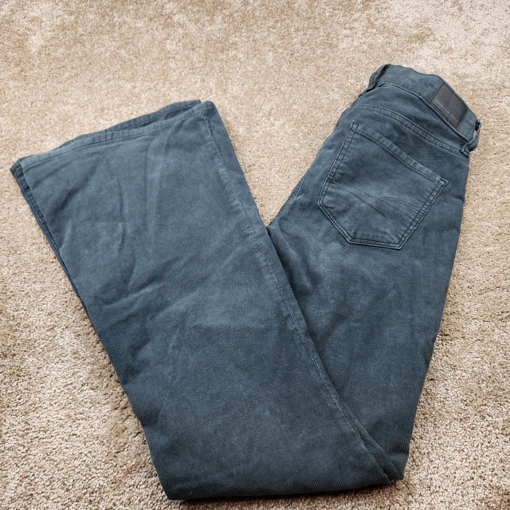 American Eagle Super High-Rise Flare Corduroy Pants Charcoal Grey Button Fly 0R